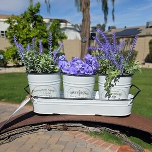 White Metal Triple Planter with Purple Artificial Lavender - Rustic Home Accents